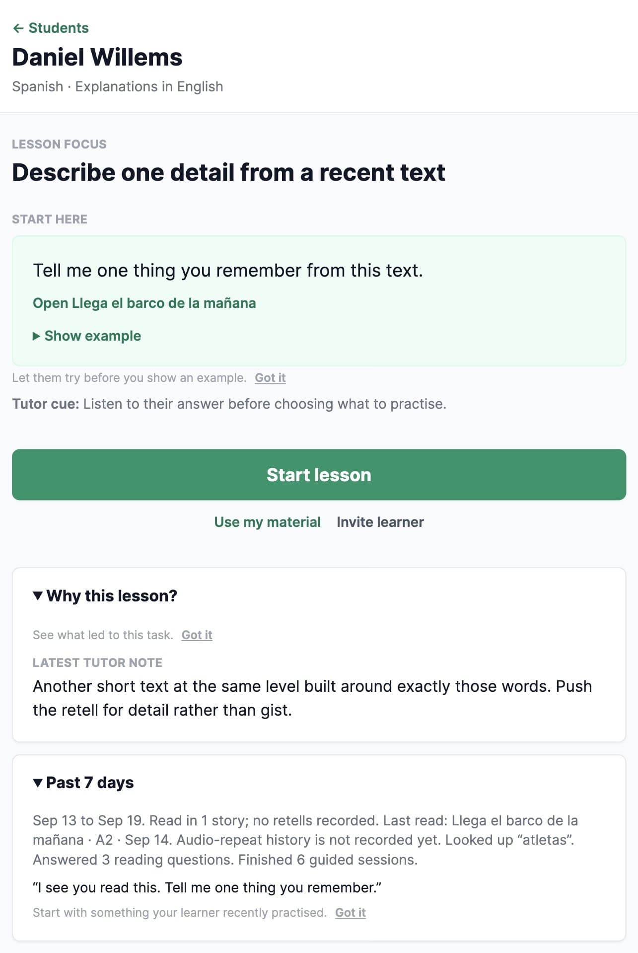 PollyClass lesson page: focus, start here, why this lesson, past 7 days